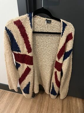 Sparkle & Fade Cream Open-Front Cardigan with Red & Navy Graphic